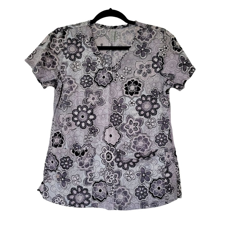 Med Couture gray short sleeve V neck floral scrubs top Women's size medium 1130
